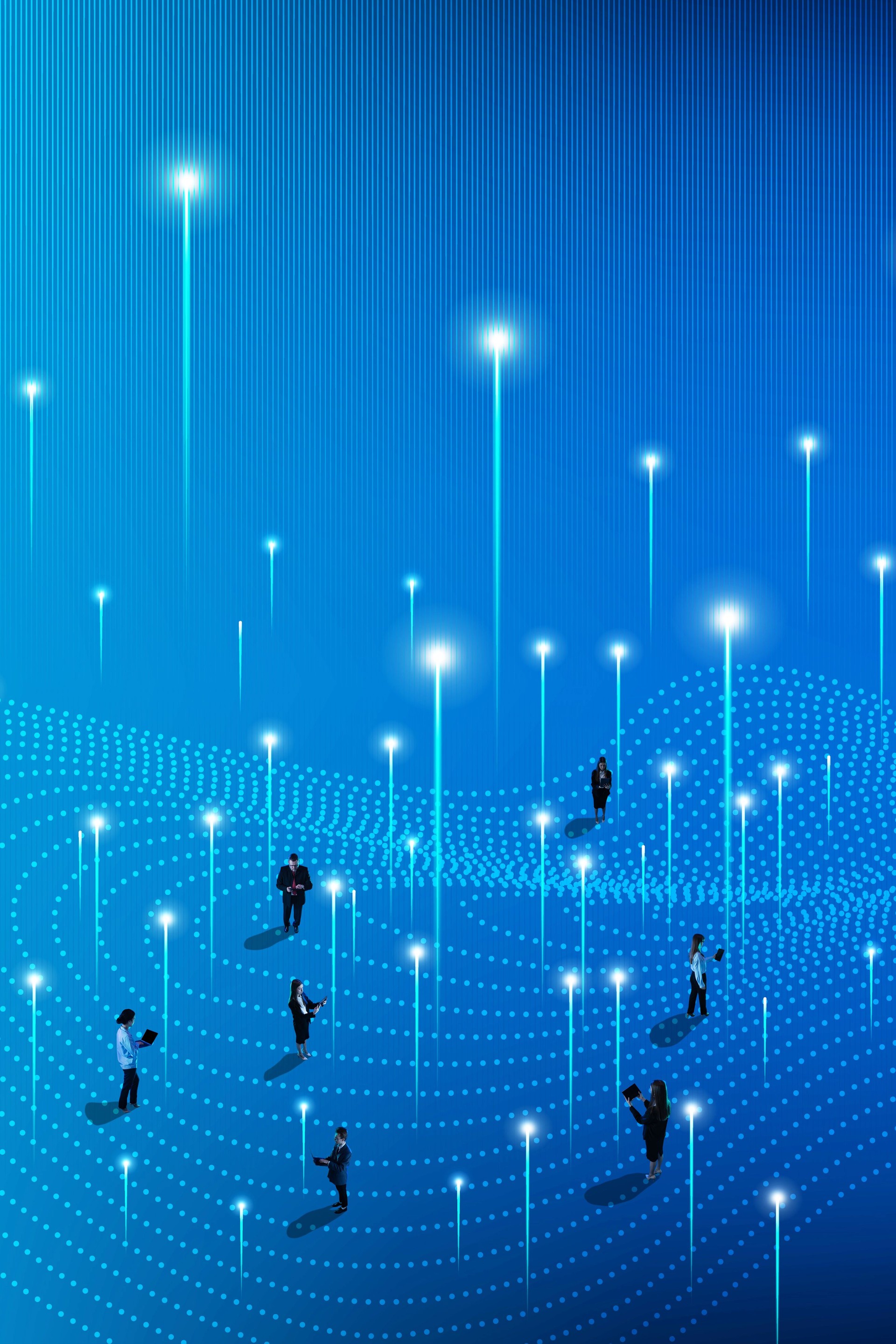 People standing on dotted surface with light beams rising into air. Global business communication through digital innovations. Composite image